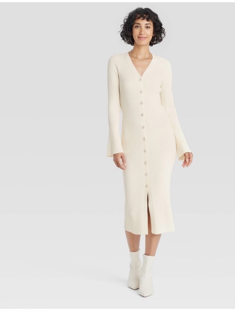 Button-Front Rib Knit Midi Dress in Cream by A New Day With Tags